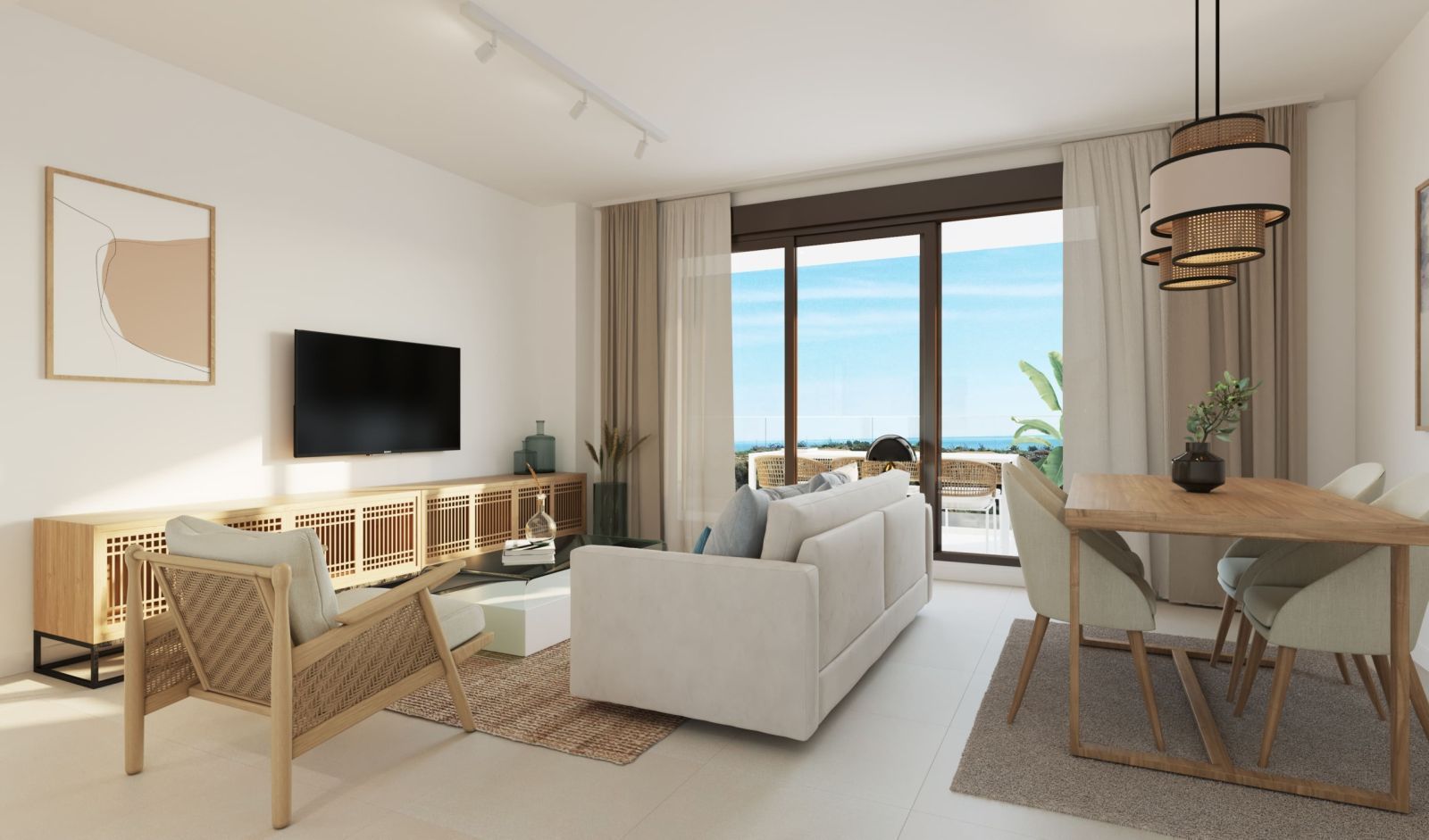 Moderne appartement woon- en eetkamer met uitzicht