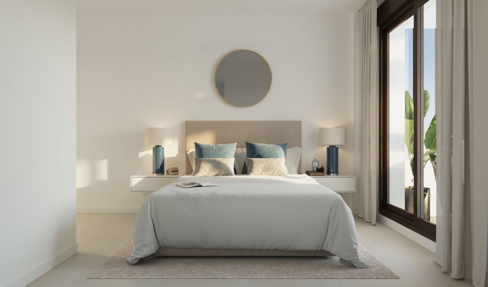 Moderne slaapkamer met minimalistisch design en groot raam.